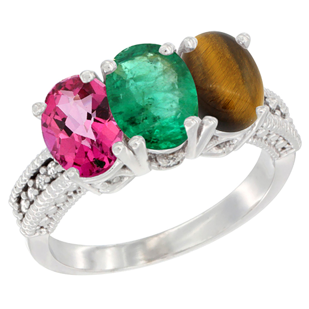 10K White Gold Natural Pink Topaz, Emerald &amp; Tiger Eye Ring 3-Stone Oval 7x5 mm Diamond Accent, sizes 5 - 10