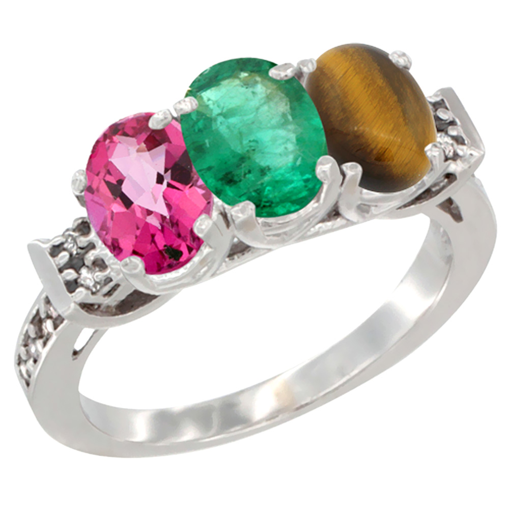 10K White Gold Natural Pink Topaz, Emerald & Tiger Eye Ring 3-Stone Oval 7x5 mm Diamond Accent, sizes 5 - 10