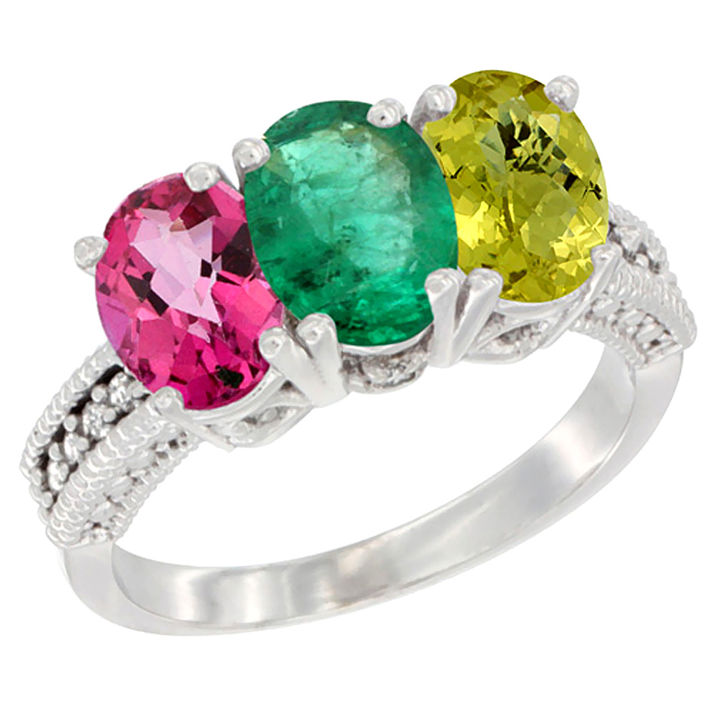10K White Gold Natural Pink Topaz, Emerald &amp; Lemon Quartz Ring 3-Stone Oval 7x5 mm Diamond Accent, sizes 5 - 10