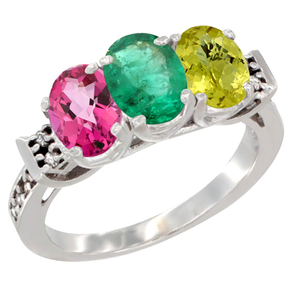 10K White Gold Natural Pink Topaz, Emerald & Lemon Quartz Ring 3-Stone Oval 7x5 mm Diamond Accent, sizes 5 - 10