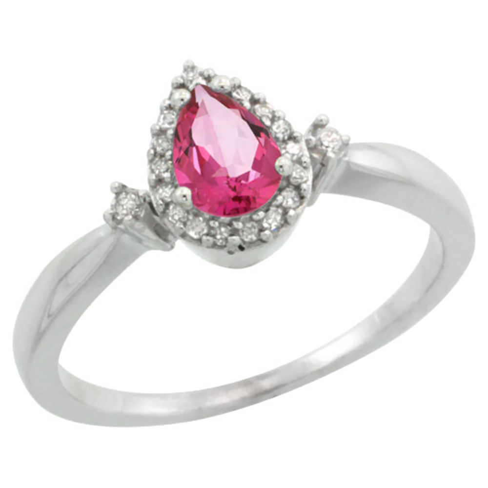 14K White Gold Diamond Natural Pink Topaz Ring Pear 6x4mm, sizes 5-10