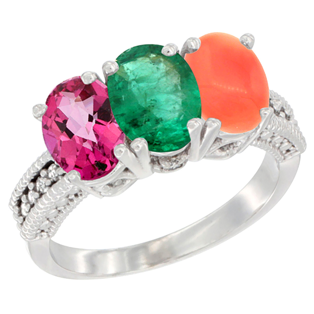 10K White Gold Natural Pink Topaz, Emerald &amp; Coral Ring 3-Stone Oval 7x5 mm Diamond Accent, sizes 5 - 10