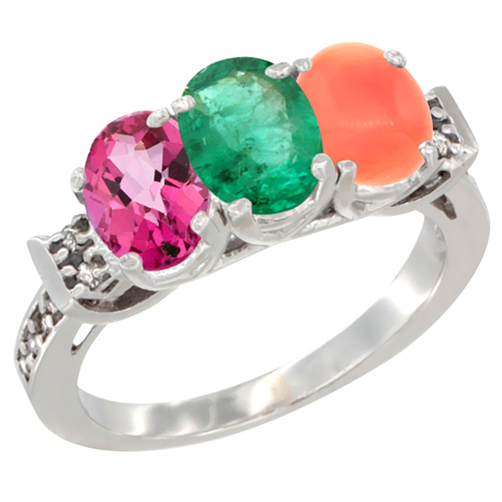 10K White Gold Natural Pink Topaz, Emerald &amp; Coral Ring 3-Stone Oval 7x5 mm Diamond Accent, sizes 5 - 10