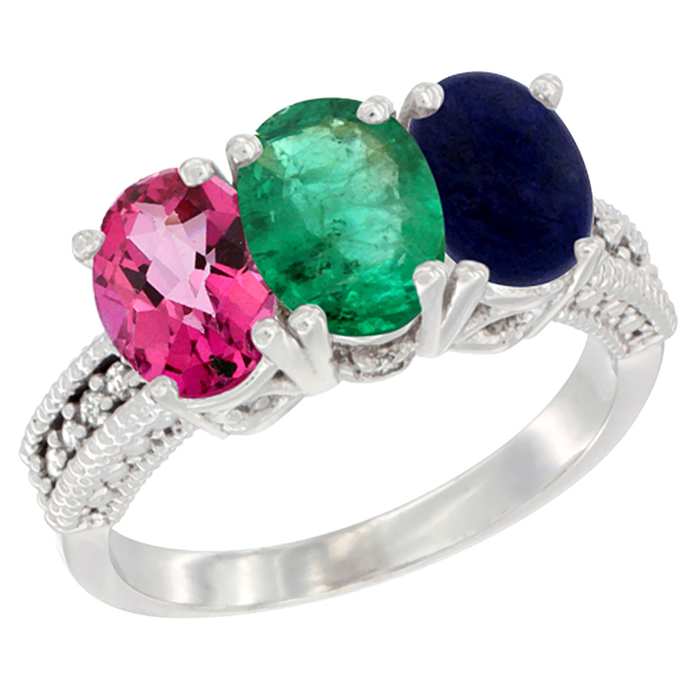 10K White Gold Natural Pink Topaz, Emerald & Lapis Ring 3-Stone Oval 7x5 mm Diamond Accent, sizes 5 - 10