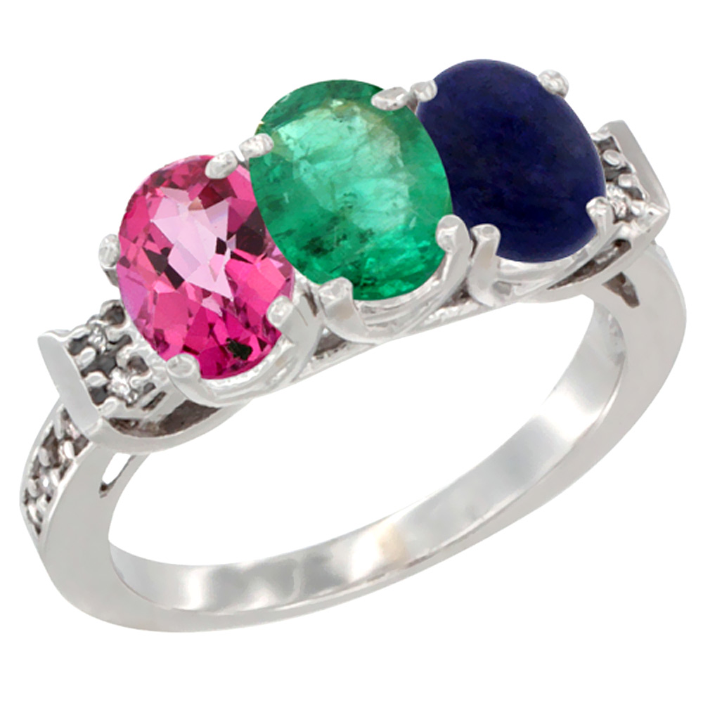 10K White Gold Natural Pink Topaz, Emerald & Lapis Ring 3-Stone Oval 7x5 mm Diamond Accent, sizes 5 - 10