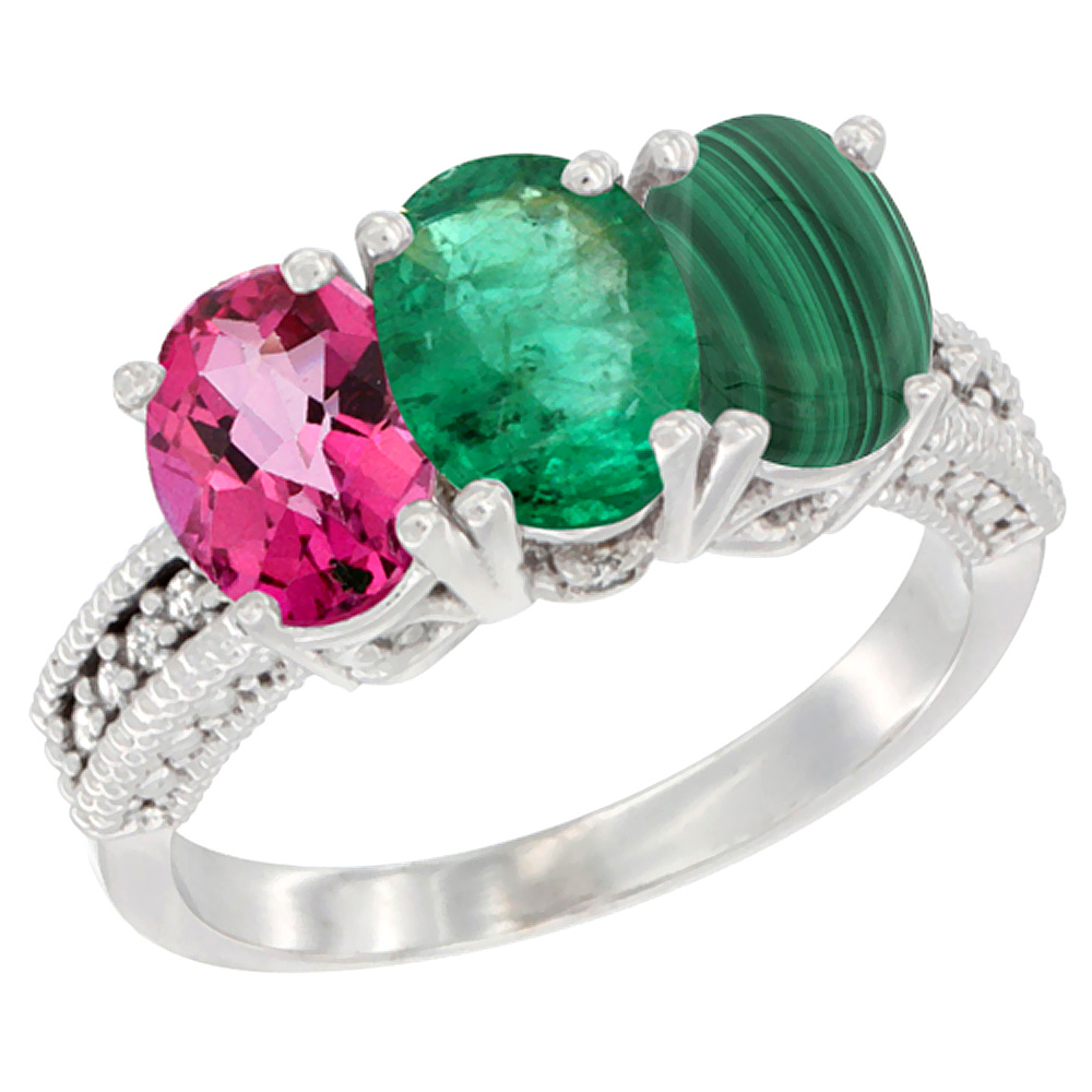 14K White Gold Natural Pink Topaz, Emerald &amp; Malachite Ring 3-Stone 7x5 mm Oval Diamond Accent, sizes 5 - 10