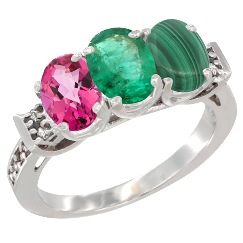 10K White Gold Natural Pink Topaz, Emerald &amp; Malachite Ring 3-Stone Oval 7x5 mm Diamond Accent, sizes 5 - 10