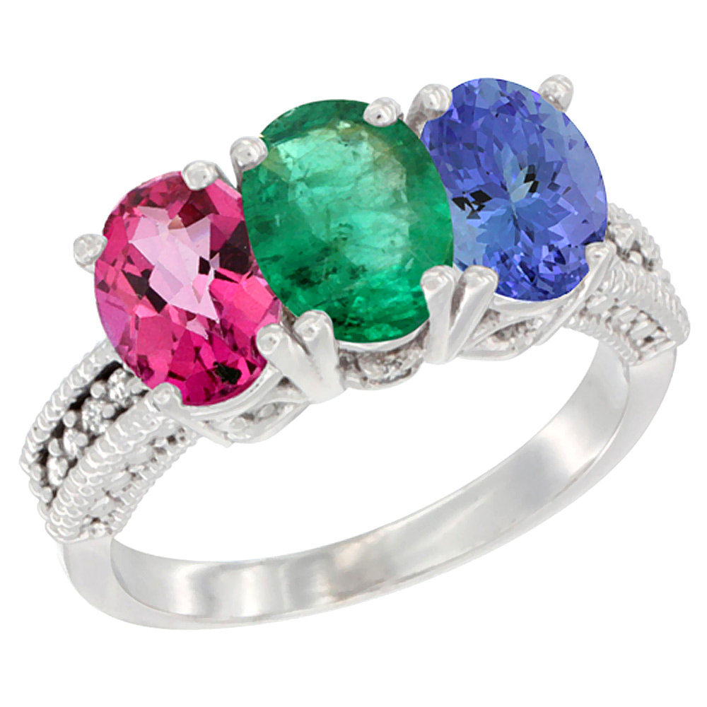14K White Gold Natural Pink Topaz, Emerald &amp; Tanzanite Ring 3-Stone 7x5 mm Oval Diamond Accent, sizes 5 - 10