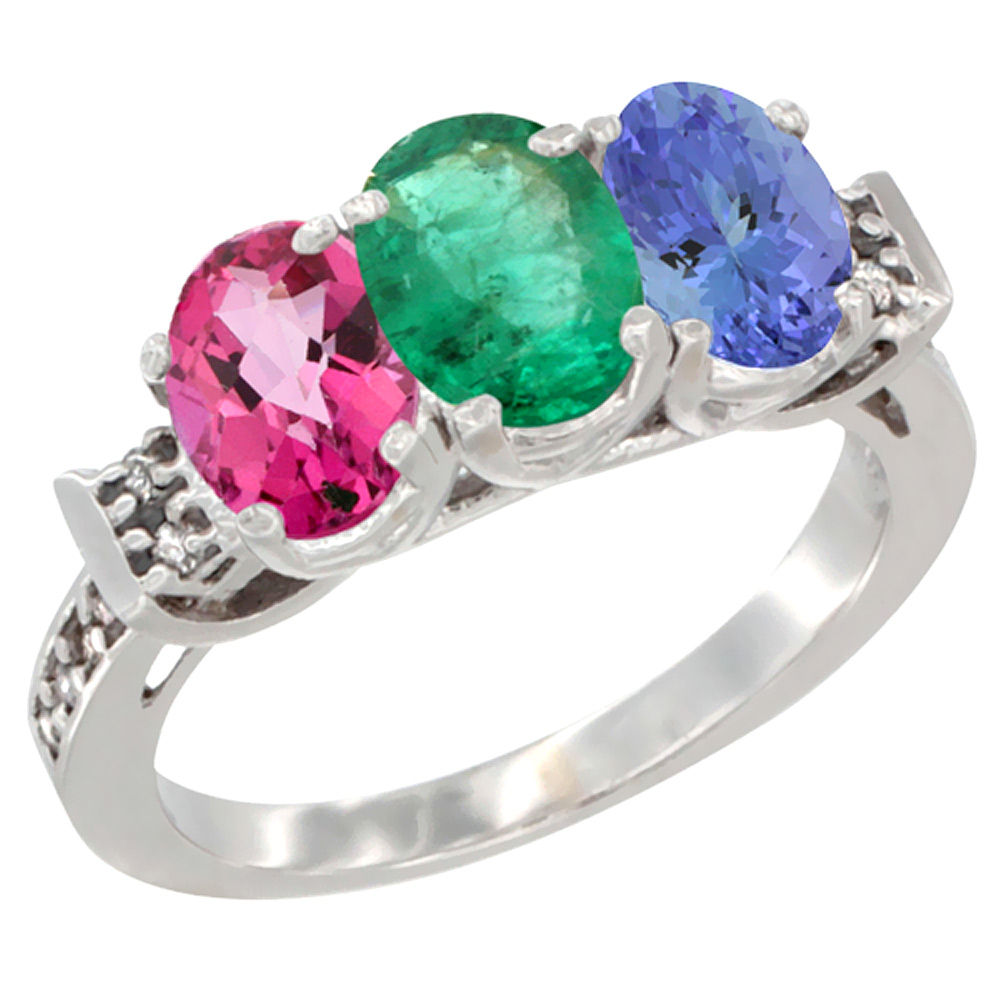 10K White Gold Natural Pink Topaz, Emerald & Tanzanite Ring 3-Stone Oval 7x5 mm Diamond Accent, sizes 5 - 10