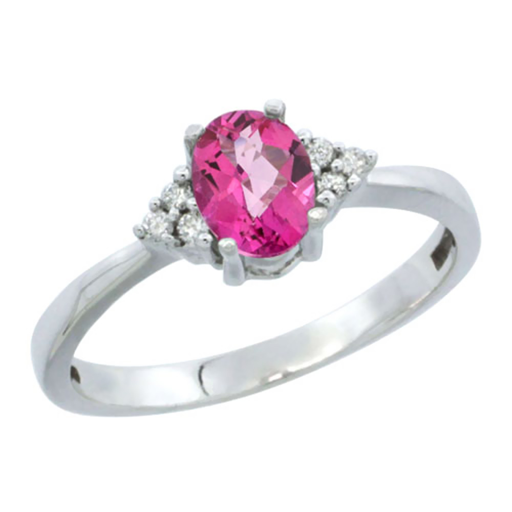 14K White Gold Natural Pink Topaz Ring Oval 6x4mm Diamond Accent, sizes 5-10
