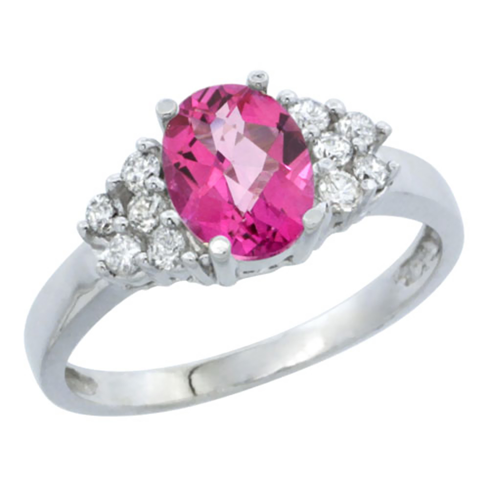 14K White Gold Natural Pink Topaz Ring Oval 8x6mm Diamond Accent, sizes 5-10