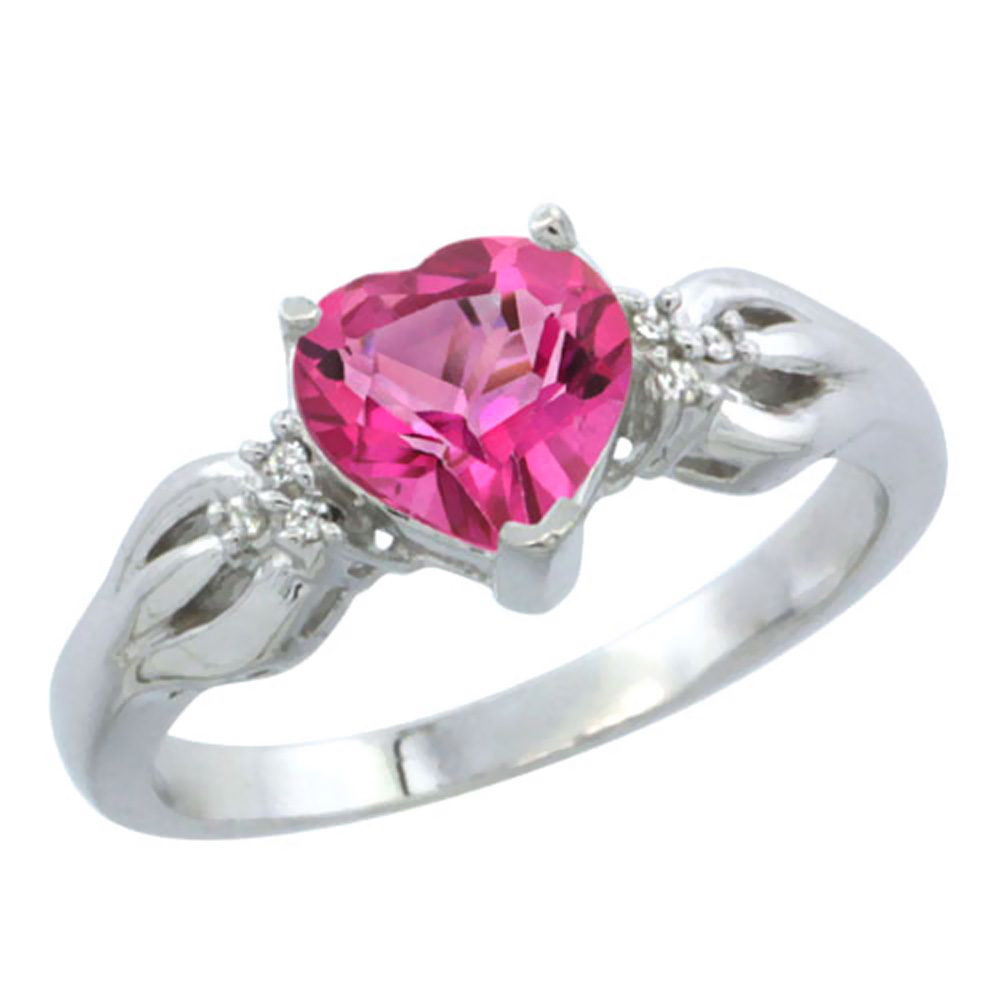 14K White Gold Natural Pink Topaz Ring Heart-shape 7x7mm Diamond Accent, sizes 5-10