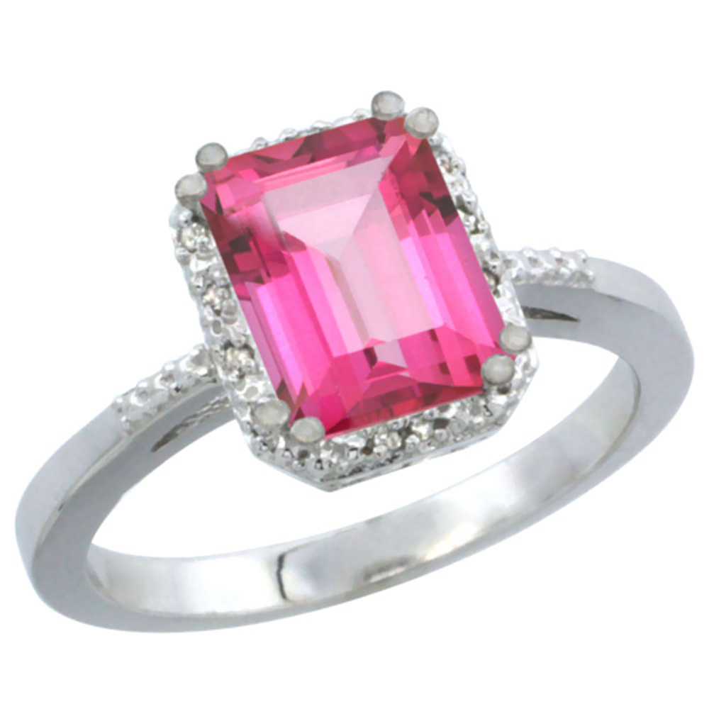 14K White Gold Natural Pink Topaz Ring Emerald-shape 8x6mm Diamond Accent, sizes 5-10