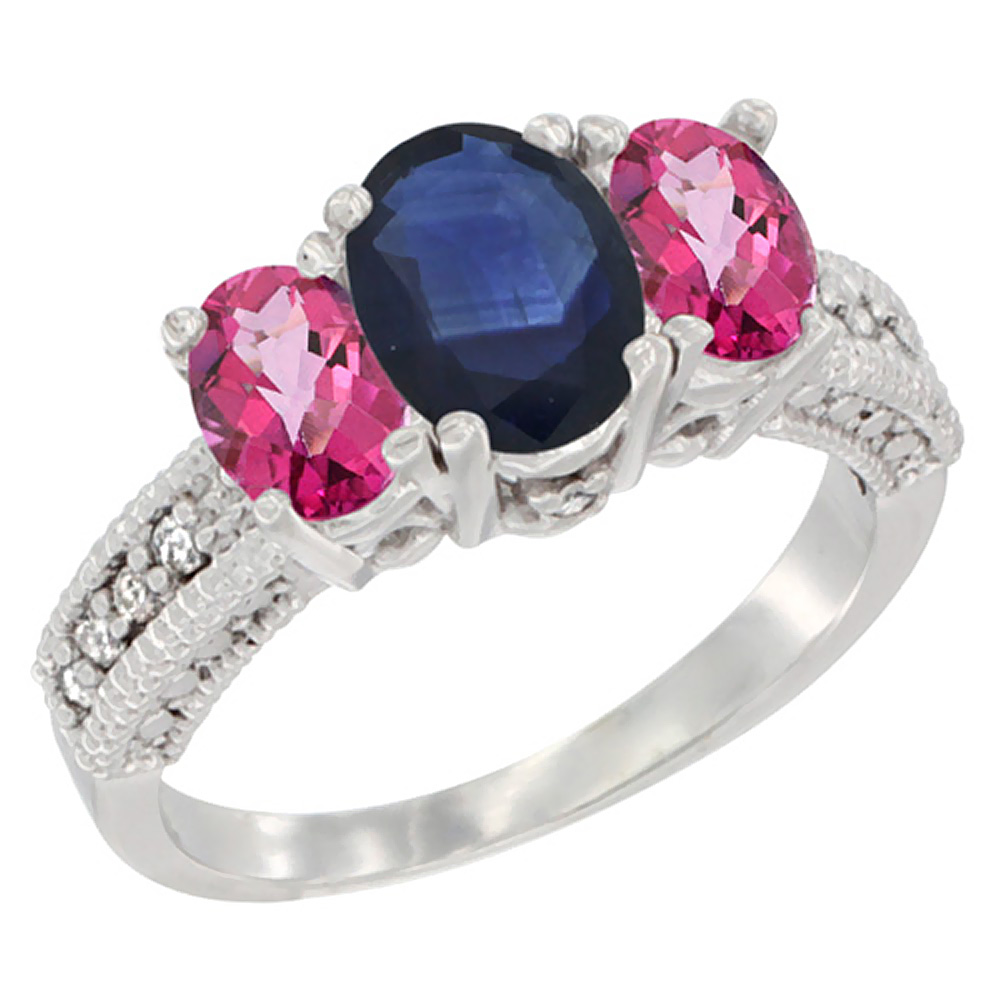 10K White Gold Diamond Natural Blue Sapphire Ring Oval 3-stone with Pink Topaz, sizes 5 - 10