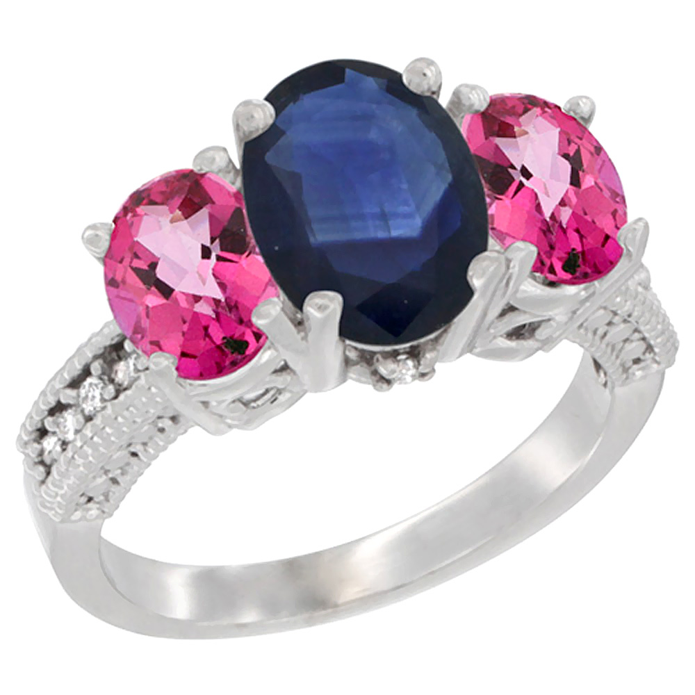 10K White Gold Diamond Natural Blue Sapphire Ring 3-Stone Oval 8x6mm with Pink Topaz, sizes5-10