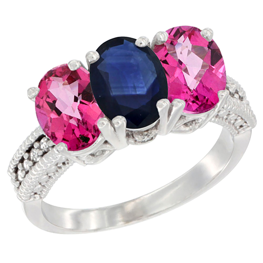 14K White Gold Natural Blue Sapphire &amp; Pink Topaz Ring 3-Stone 7x5 mm Oval Diamond Accent, sizes 5 - 10