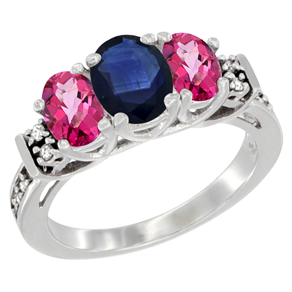 14K White Gold Natural Blue Sapphire & Pink Topaz Ring 3-Stone Oval Diamond Accent, sizes 5-10