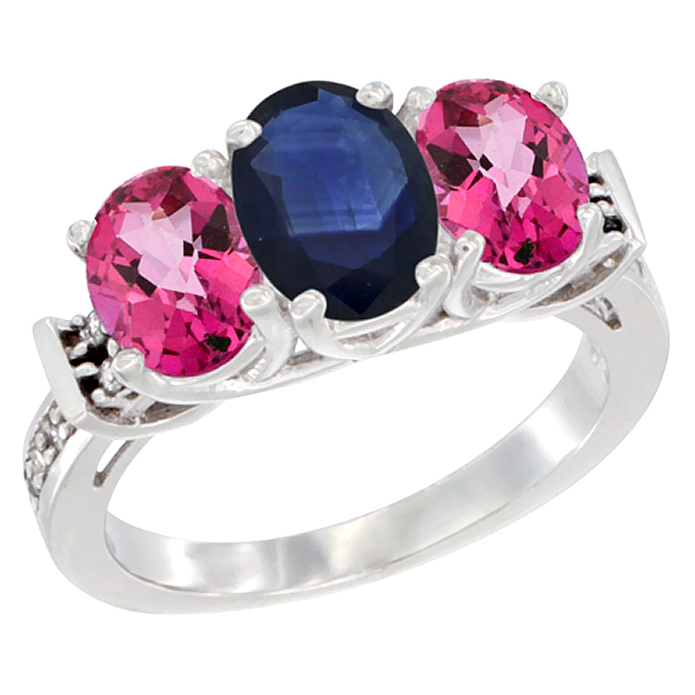 10K White Gold Natural Blue Sapphire & Pink Topaz Sides Ring 3-Stone Oval Diamond Accent, sizes 5 - 10