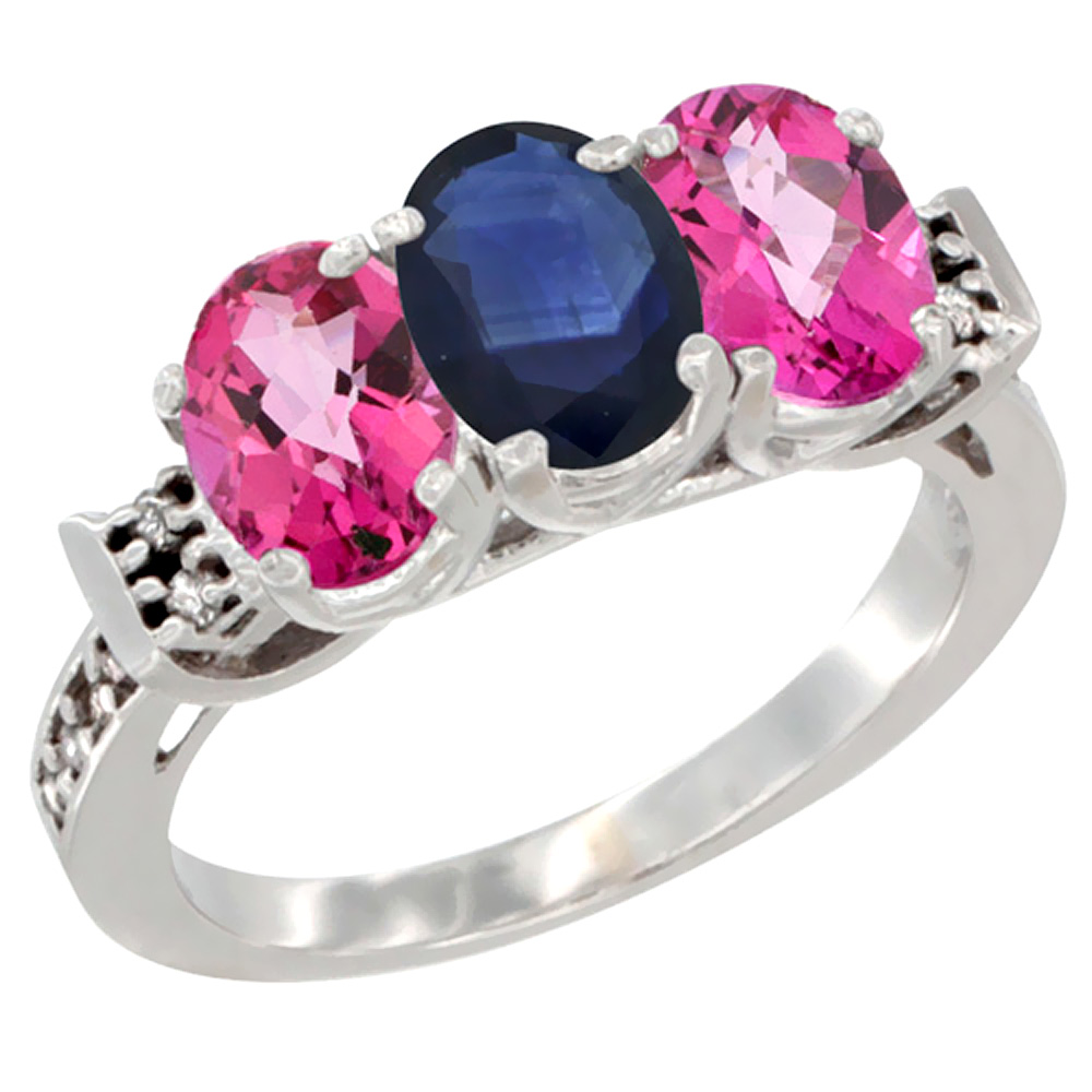 14K White Gold Natural Blue Sapphire & Pink Topaz Sides Ring 3-Stone Oval 7x5 mm Diamond Accent, sizes 5 - 10