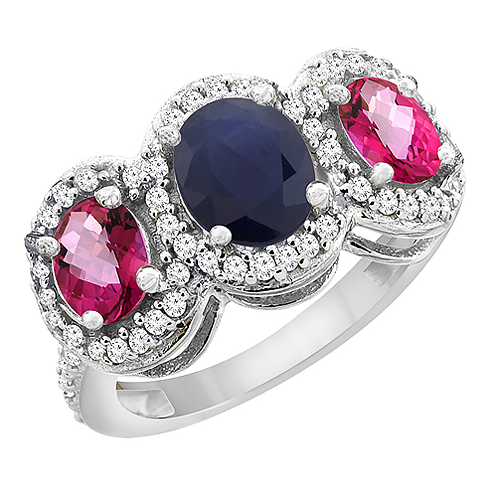 10K White Gold Natural Blue Sapphire &amp; Pink Topaz 3-Stone Ring Oval Diamond Accent, sizes 5 - 10
