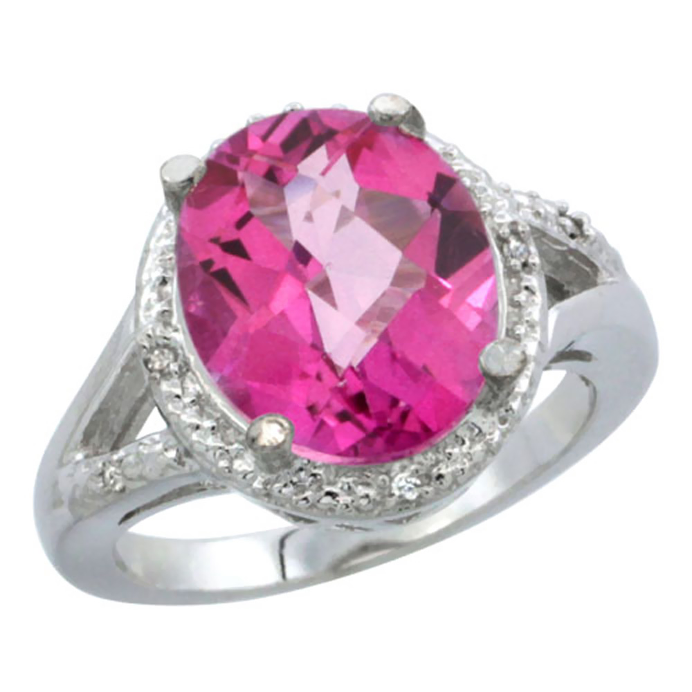 10K White Gold Natural Pink Topaz Ring Oval 12x10mm Diamond Accent, sizes 5-10