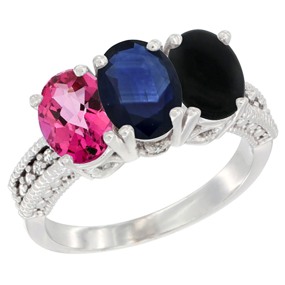 10K White Gold Natural Pink Topaz, Blue Sapphire & Black Onyx Ring 3-Stone Oval 7x5 mm Diamond Accent, sizes 5 - 10