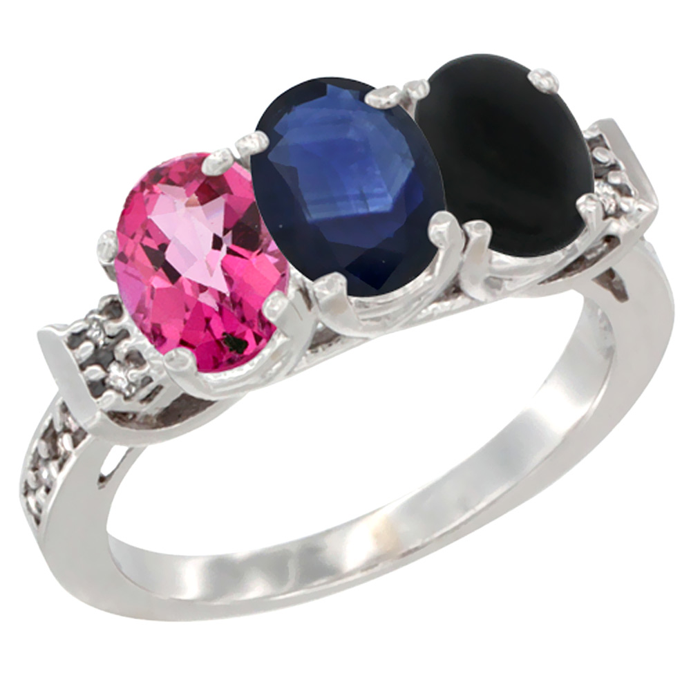 10K White Gold Natural Pink Topaz, Blue Sapphire & Black Onyx Ring 3-Stone Oval 7x5 mm Diamond Accent, sizes 5 - 10