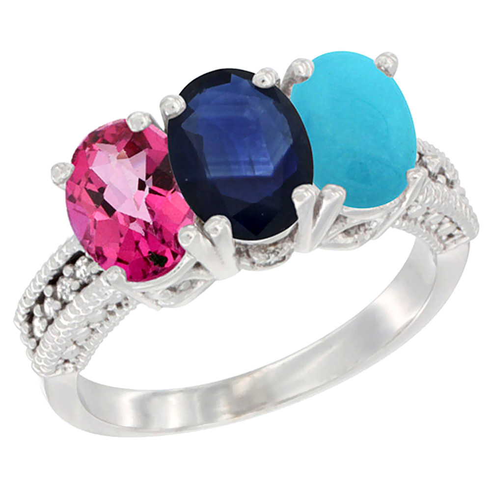 14K White Gold Natural Pink Topaz, Blue Sapphire & Turquoise Ring 3-Stone 7x5 mm Oval Diamond Accent, sizes 5 - 10