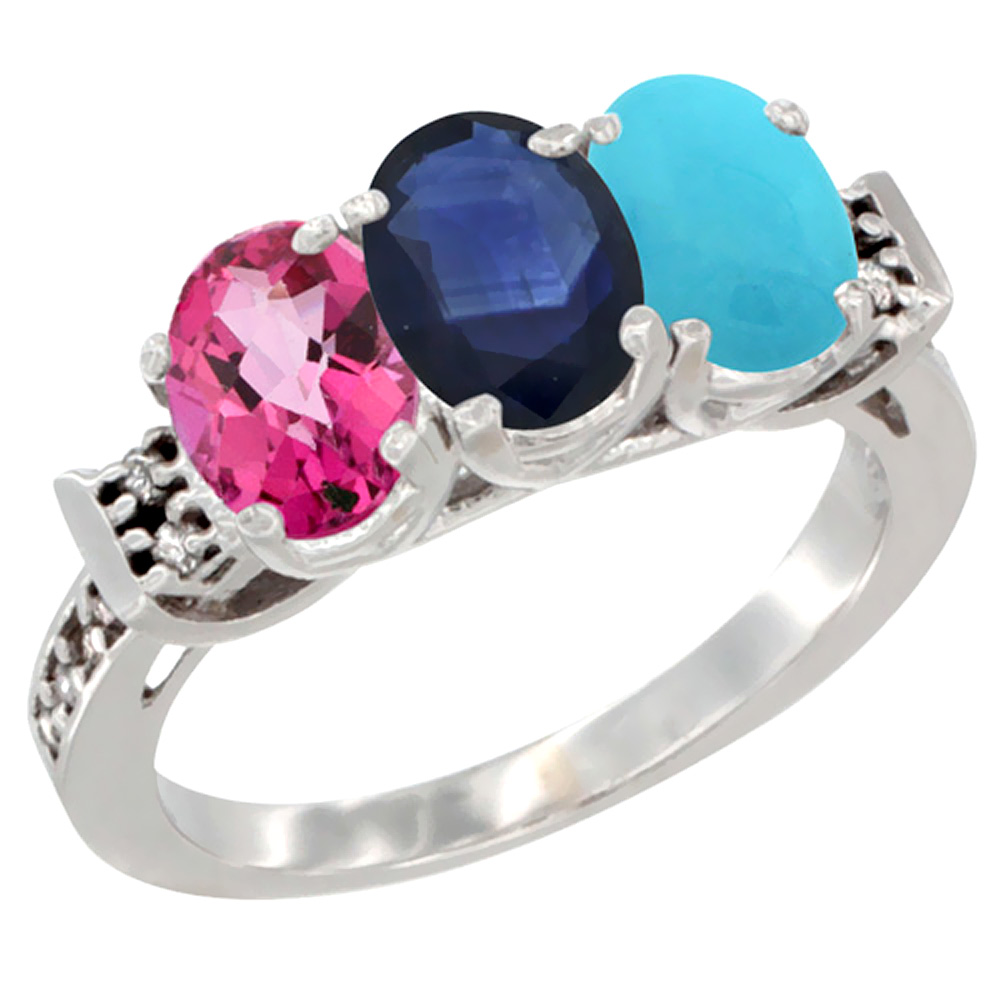 14K White Gold Natural Pink Topaz, Blue Sapphire & Turquoise Ring 3-Stone Oval 7x5 mm Diamond Accent, sizes 5 - 10