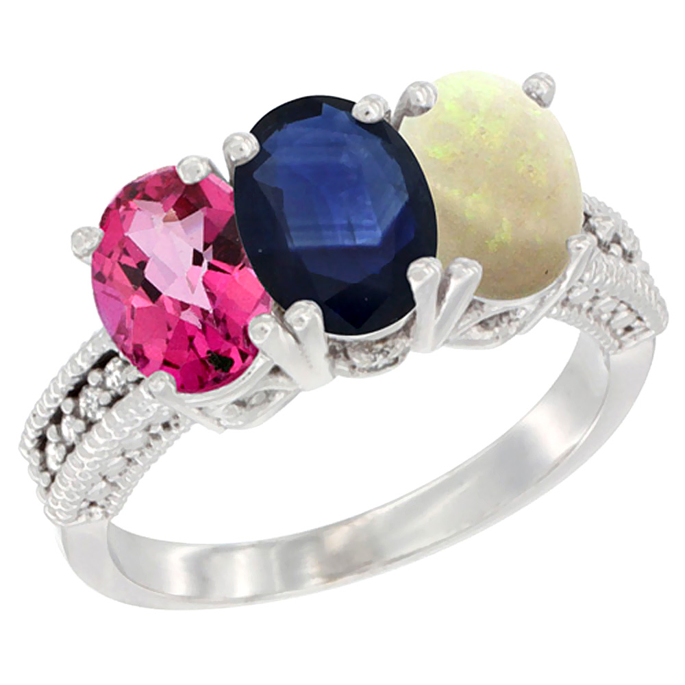 10K White Gold Natural Pink Topaz, Blue Sapphire & Opal Ring 3-Stone Oval 7x5 mm Diamond Accent, sizes 5 - 10