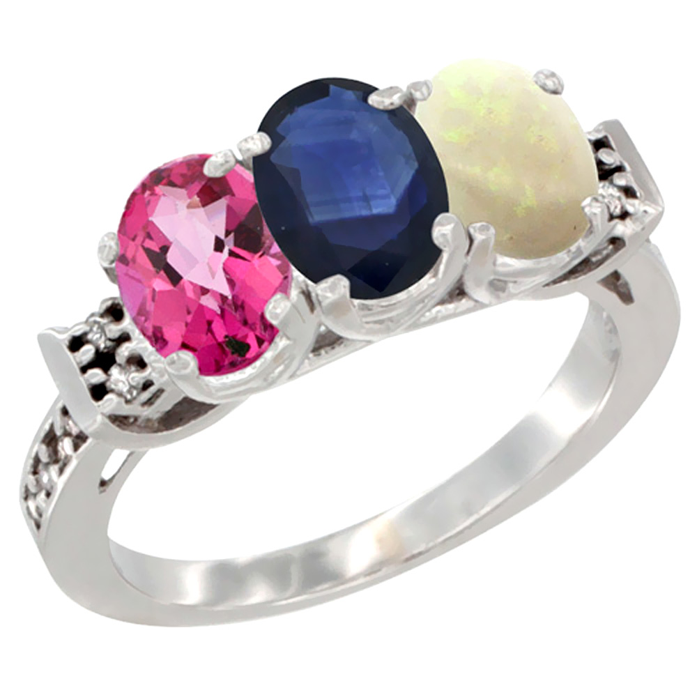14K White Gold Natural Pink Topaz, Blue Sapphire &amp; Opal Ring 3-Stone Oval 7x5 mm Diamond Accent, sizes 5 - 10