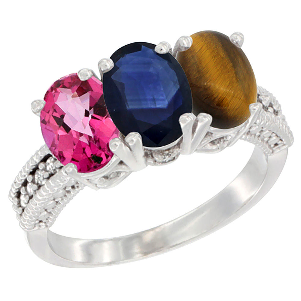 10K White Gold Natural Pink Topaz, Blue Sapphire & Tiger Eye Ring 3-Stone Oval 7x5 mm Diamond Accent, sizes 5 - 10