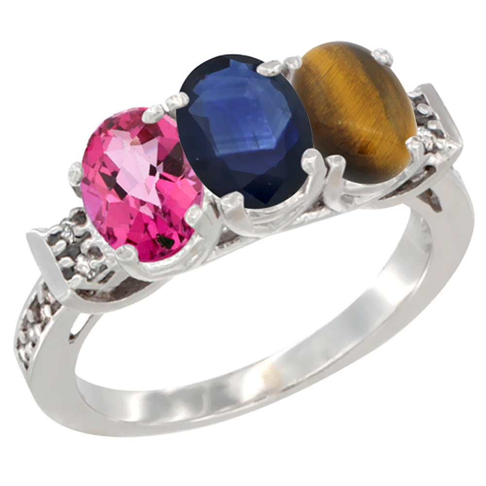 10K White Gold Natural Pink Topaz, Blue Sapphire & Tiger Eye Ring 3-Stone Oval 7x5 mm Diamond Accent, sizes 5 - 10
