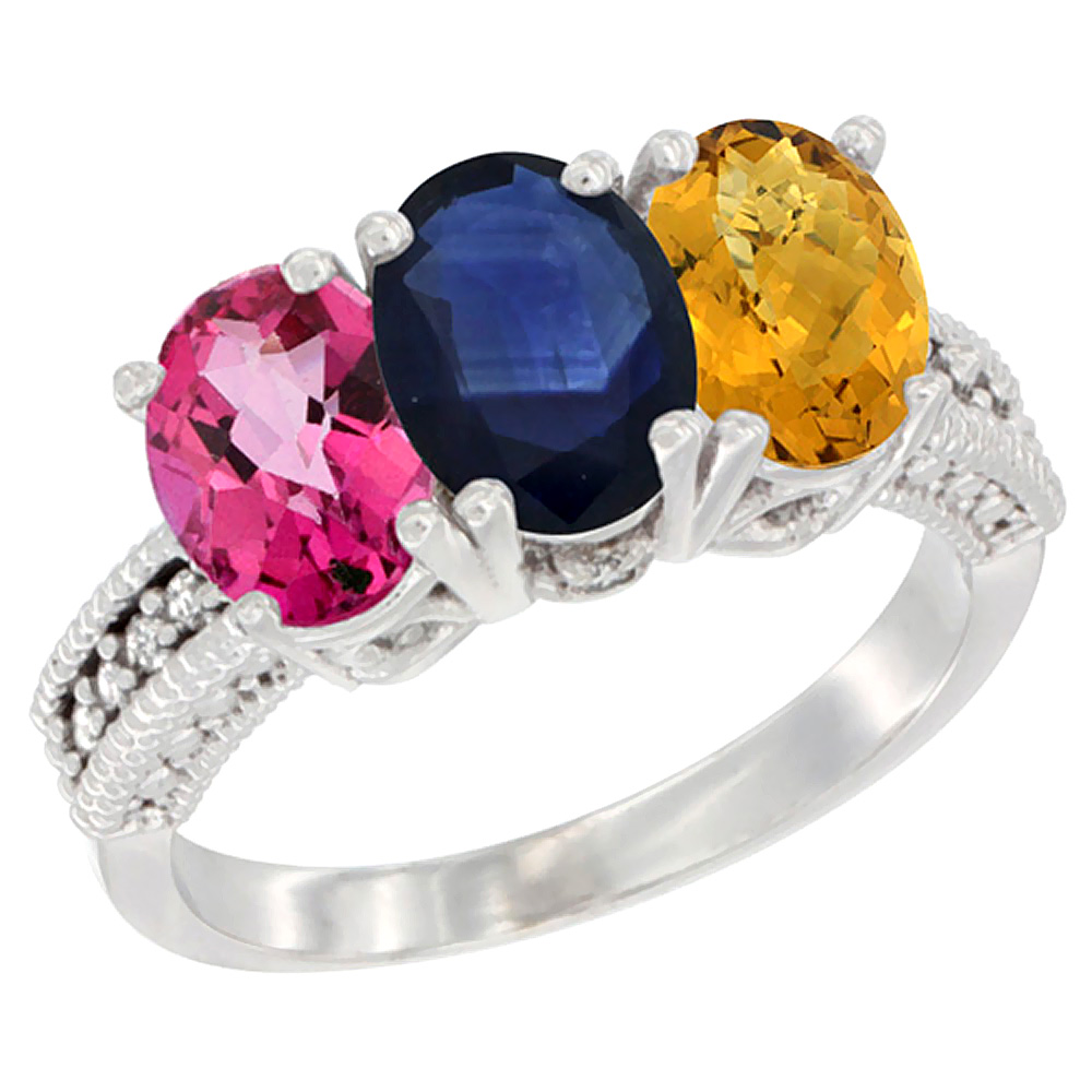 14K White Gold Natural Pink Topaz, Blue Sapphire & Whisky Quartz Ring 3-Stone 7x5 mm Oval Diamond Accent, sizes 5 - 10