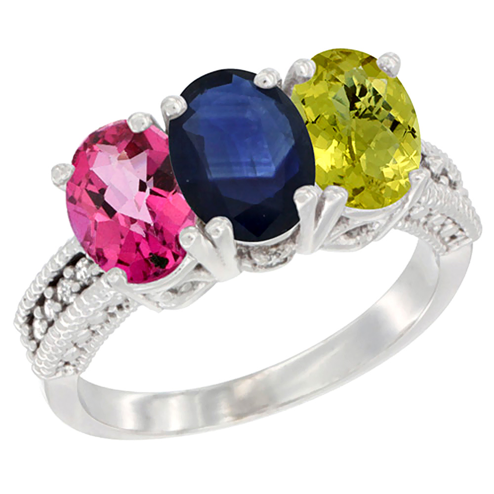 14K White Gold Natural Pink Topaz, Blue Sapphire &amp; Lemon Quartz Ring 3-Stone 7x5 mm Oval Diamond Accent, sizes 5 - 10