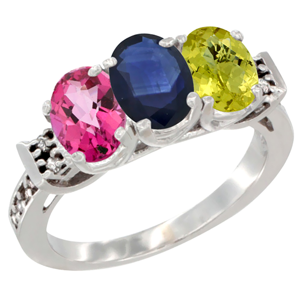 10K White Gold Natural Pink Topaz, Blue Sapphire &amp; Lemon Quartz Ring 3-Stone Oval 7x5 mm Diamond Accent, sizes 5 - 10