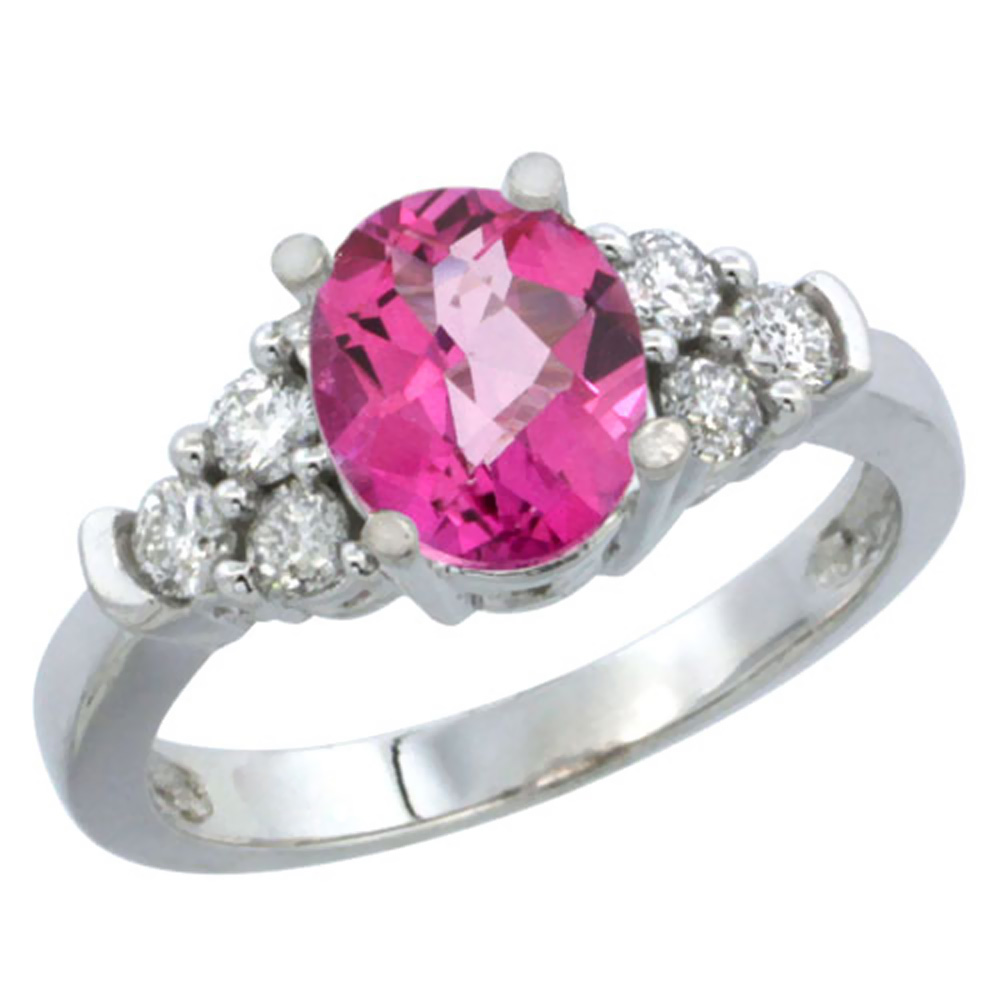 10K White Gold Natural Pink Topaz Ring Oval 9x7mm Diamond Accent, sizes 5-10