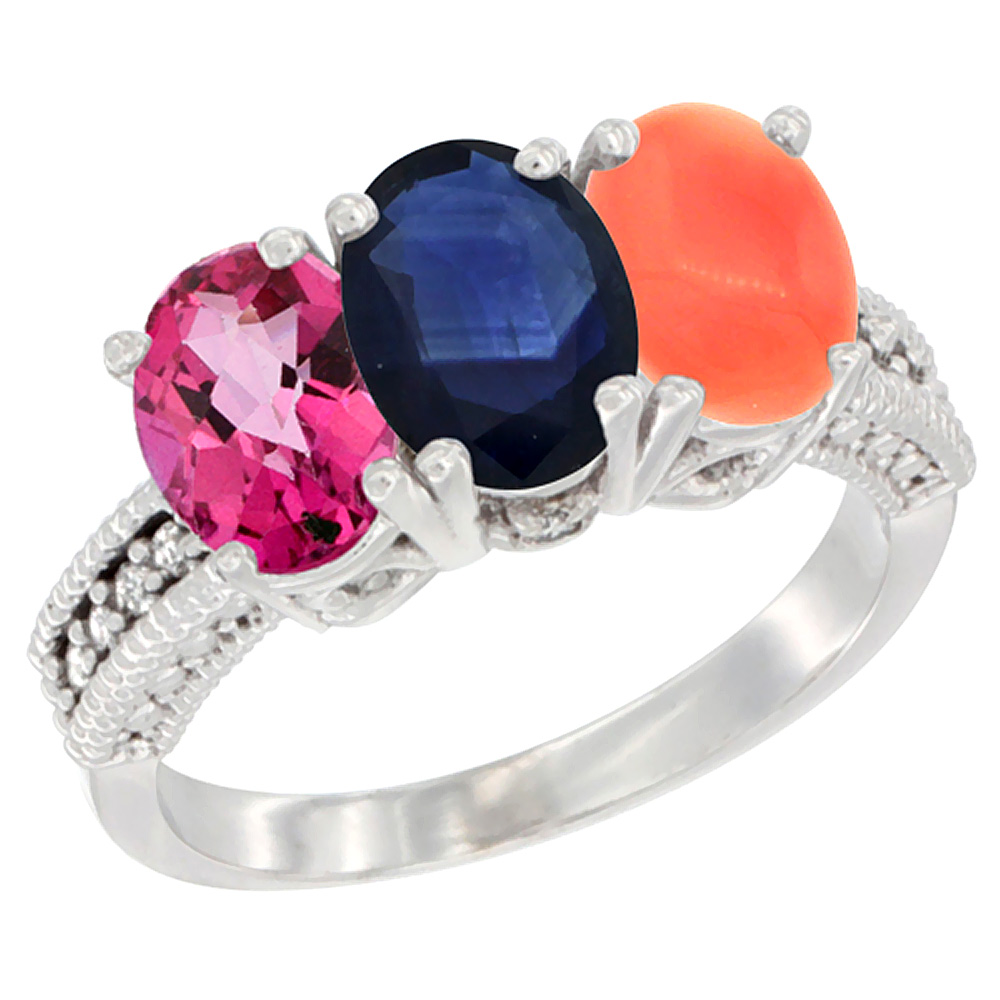 14K White Gold Natural Pink Topaz, Blue Sapphire &amp; Coral Ring 3-Stone 7x5 mm Oval Diamond Accent, sizes 5 - 10