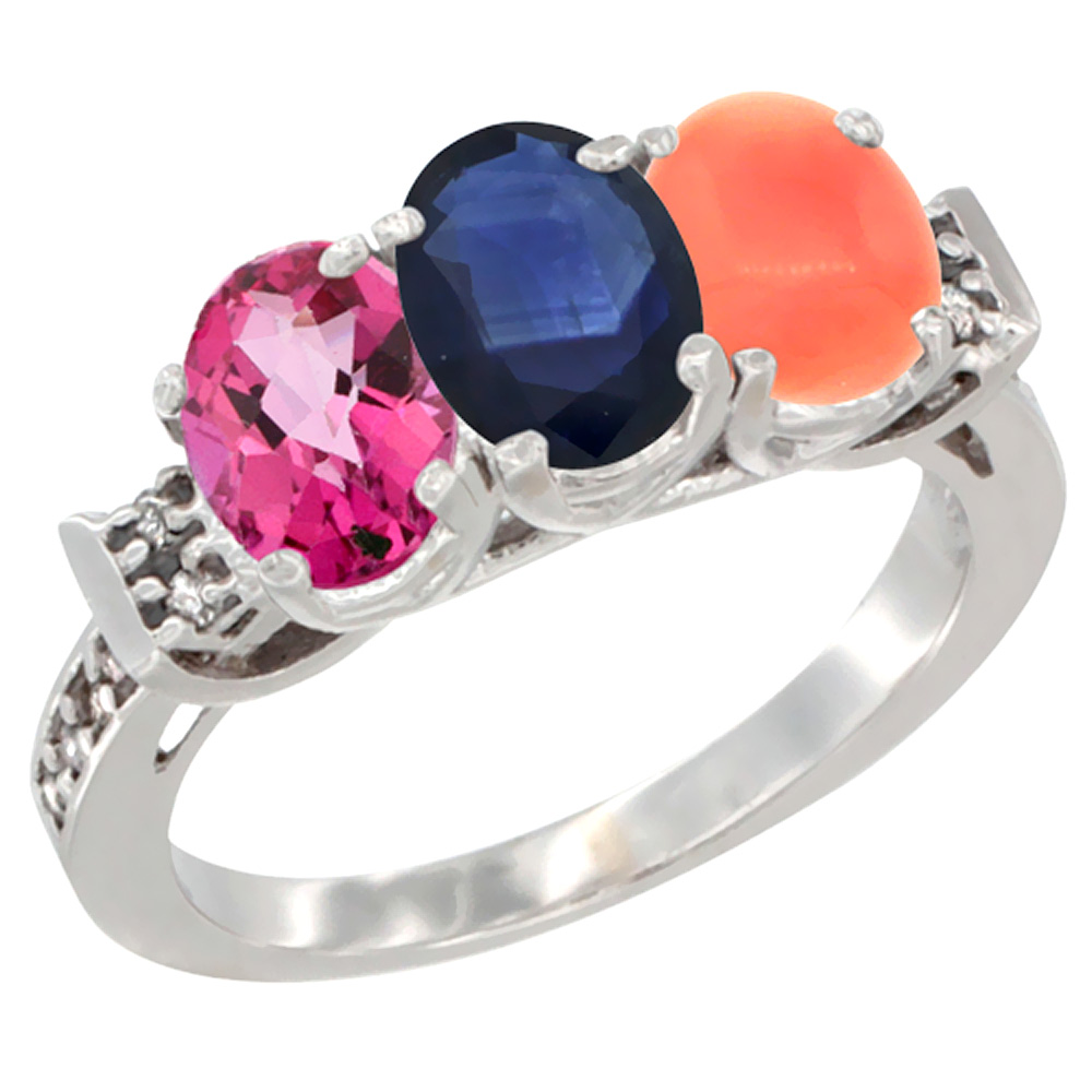 10K White Gold Natural Pink Topaz, Blue Sapphire &amp; Coral Ring 3-Stone Oval 7x5 mm Diamond Accent, sizes 5 - 10