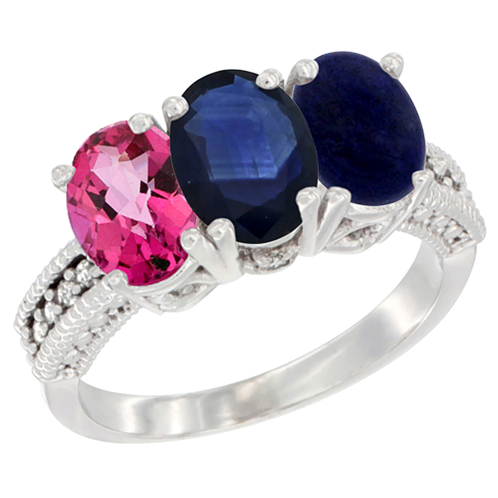 14K White Gold Natural Pink Topaz, Blue Sapphire &amp; Lapis Ring 3-Stone 7x5 mm Oval Diamond Accent, sizes 5 - 10