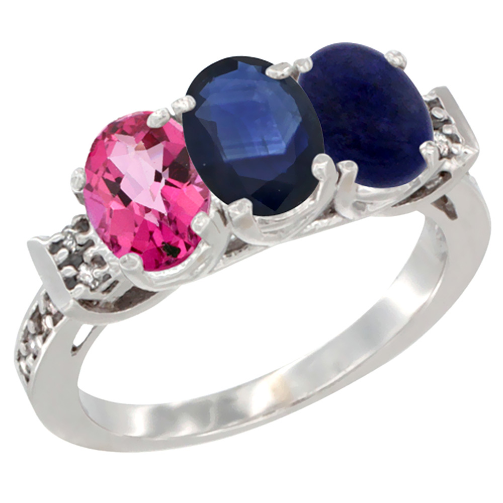 10K White Gold Natural Pink Topaz, Blue Sapphire &amp; Lapis Ring 3-Stone Oval 7x5 mm Diamond Accent, sizes 5 - 10