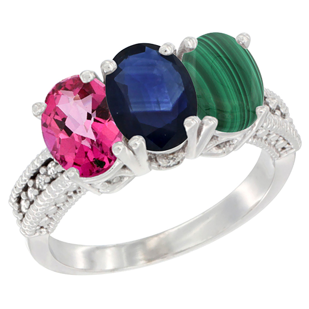 14K White Gold Natural Pink Topaz, Blue Sapphire & Malachite Ring 3-Stone 7x5 mm Oval Diamond Accent, sizes 5 - 10
