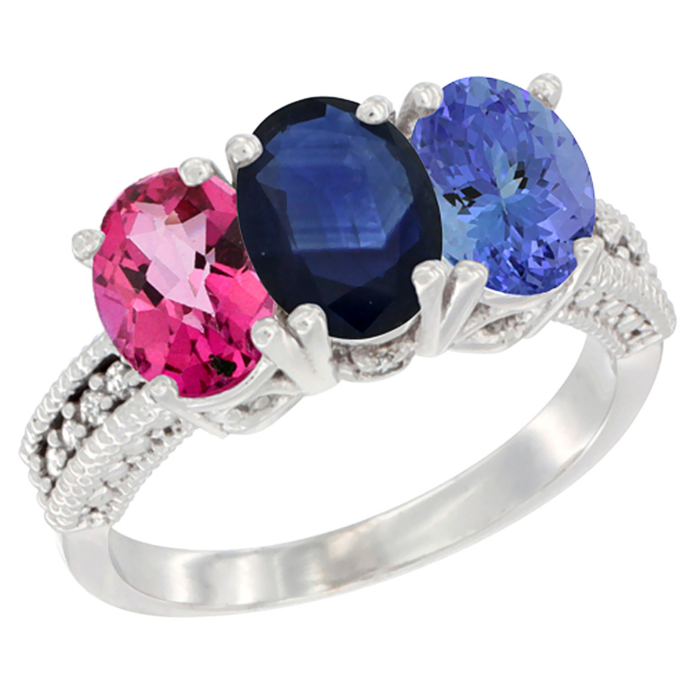 14K White Gold Natural Pink Topaz, Blue Sapphire & Tanzanite Ring 3-Stone 7x5 mm Oval Diamond Accent, sizes 5 - 10