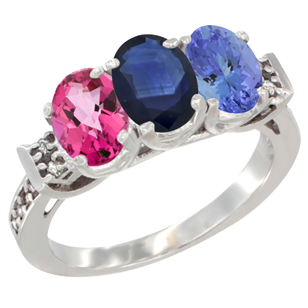 14K White Gold Natural Pink Topaz, Blue Sapphire &amp; Tanzanite Ring 3-Stone Oval 7x5 mm Diamond Accent, sizes 5 - 10