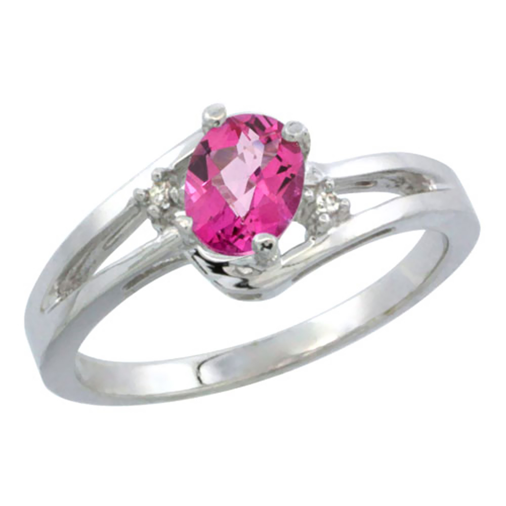 10K White Gold Diamond Natural Pink Topaz Ring Oval 6x4 mm, sizes 5-10
