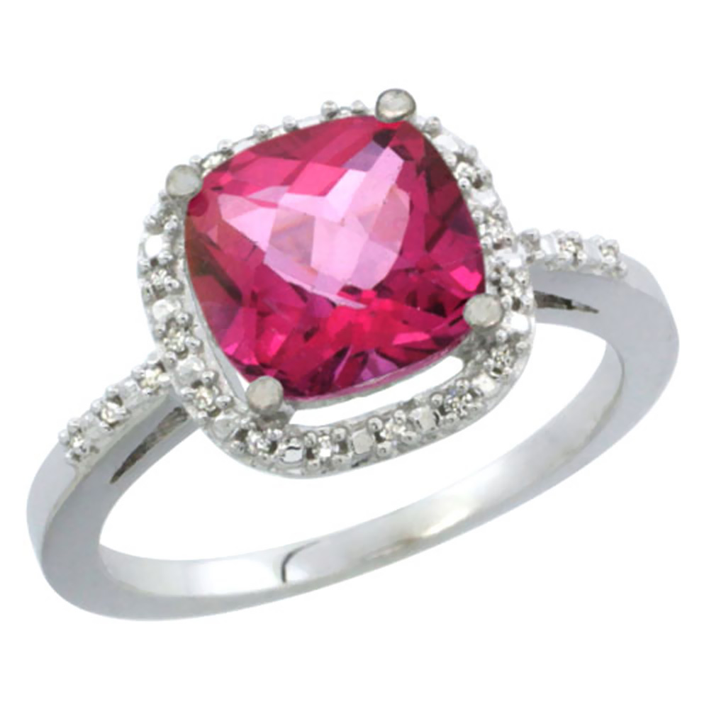 10K White Gold Natural Pink Topaz Ring Cushion-cut 8x8mm Diamond Accent, sizes 5-10