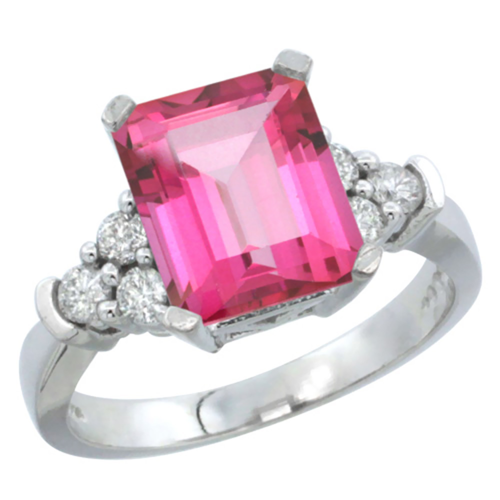 14K White Gold Natural Pink Topaz Ring Octagon 9x7mm Diamond Accent, sizes 5-10