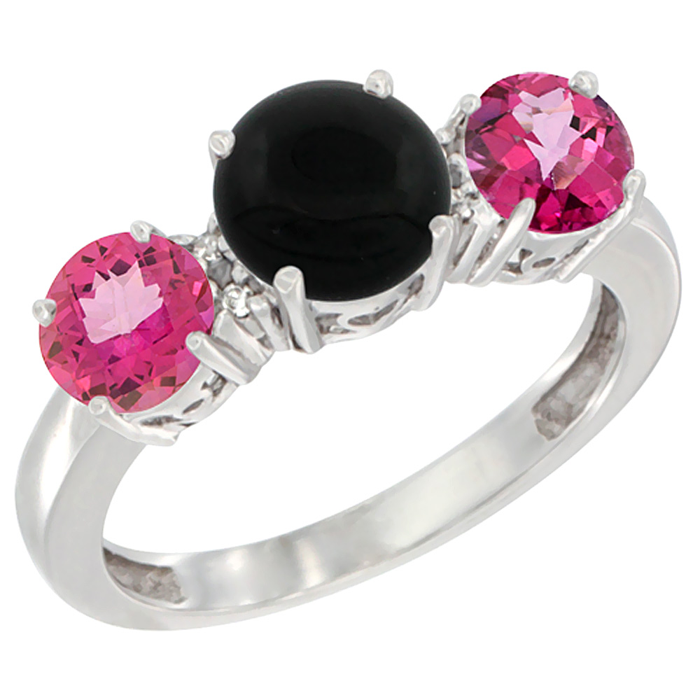 10K White Gold Round 3-Stone Natural Black Onyx Ring &amp; Pink Topaz Sides Diamond Accent, sizes 5 - 10