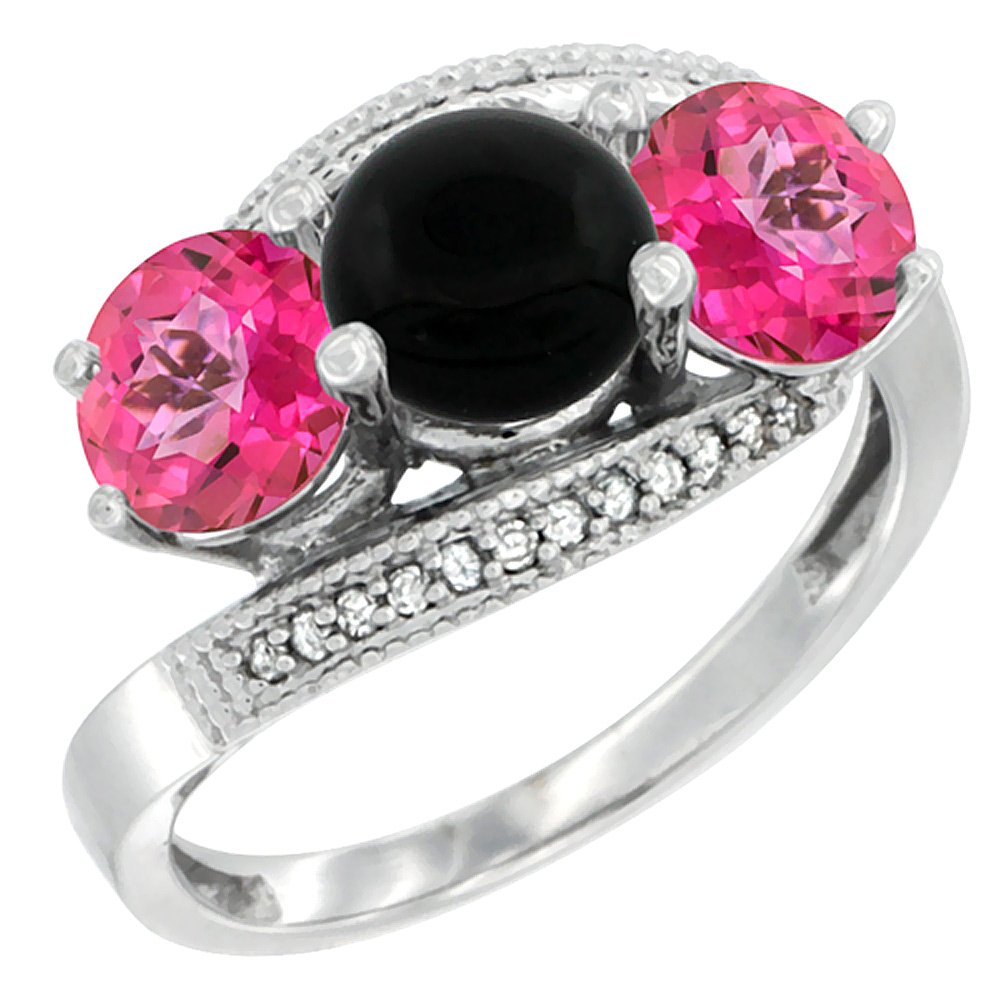 10K White Gold Natural Black Onyx &amp; Pink Topaz Sides 3 stone Ring Round 6mm Diamond Accent, sizes 5 - 10