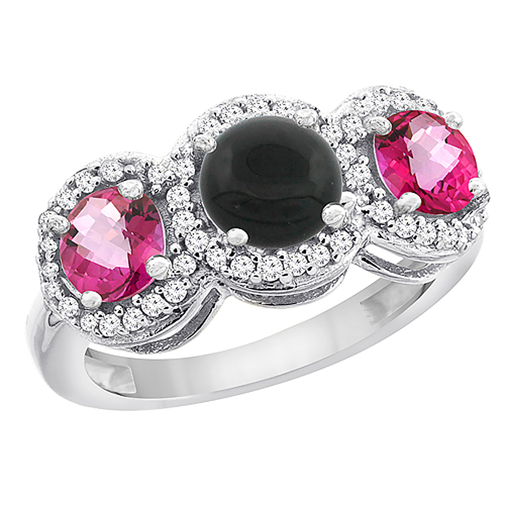 10K White Gold Natural Black Onyx &amp; Pink Topaz Sides Round 3-stone Ring Diamond Accents, sizes 5 - 10